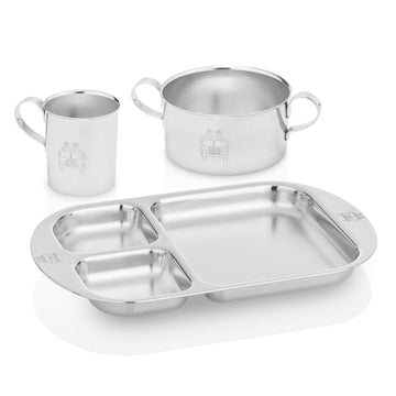 Kiddobloom Kids Premium Stainless Steel Dinnerware Set (1 Bowl, 1 Cup, And 1 Divided Plate) (Fire Truck, Dinnerware Set)