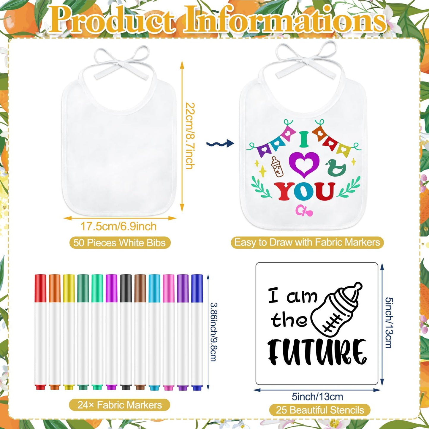 Panitay 100 Pcs Diy Baby Bibs Decorating Kit 50 White Bibs 25 Stencils 24 Fabric Markers 1 Baby Shower Game Sign(Orange)