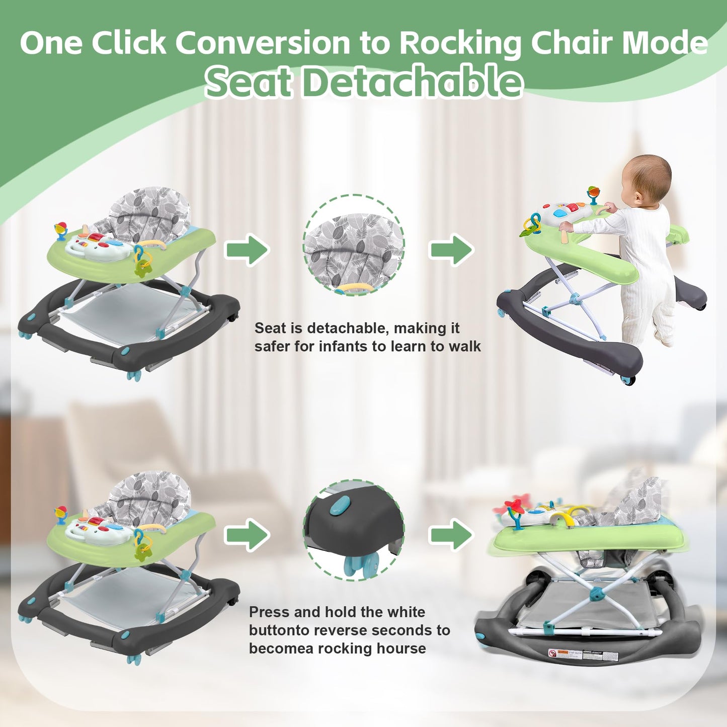 Pawtong Foldable Baby 5-In-1 Activity Walker - Rocker, Activity Center, Bouncer, Seat Walker, Push Walker - Adjustable Speed Rea