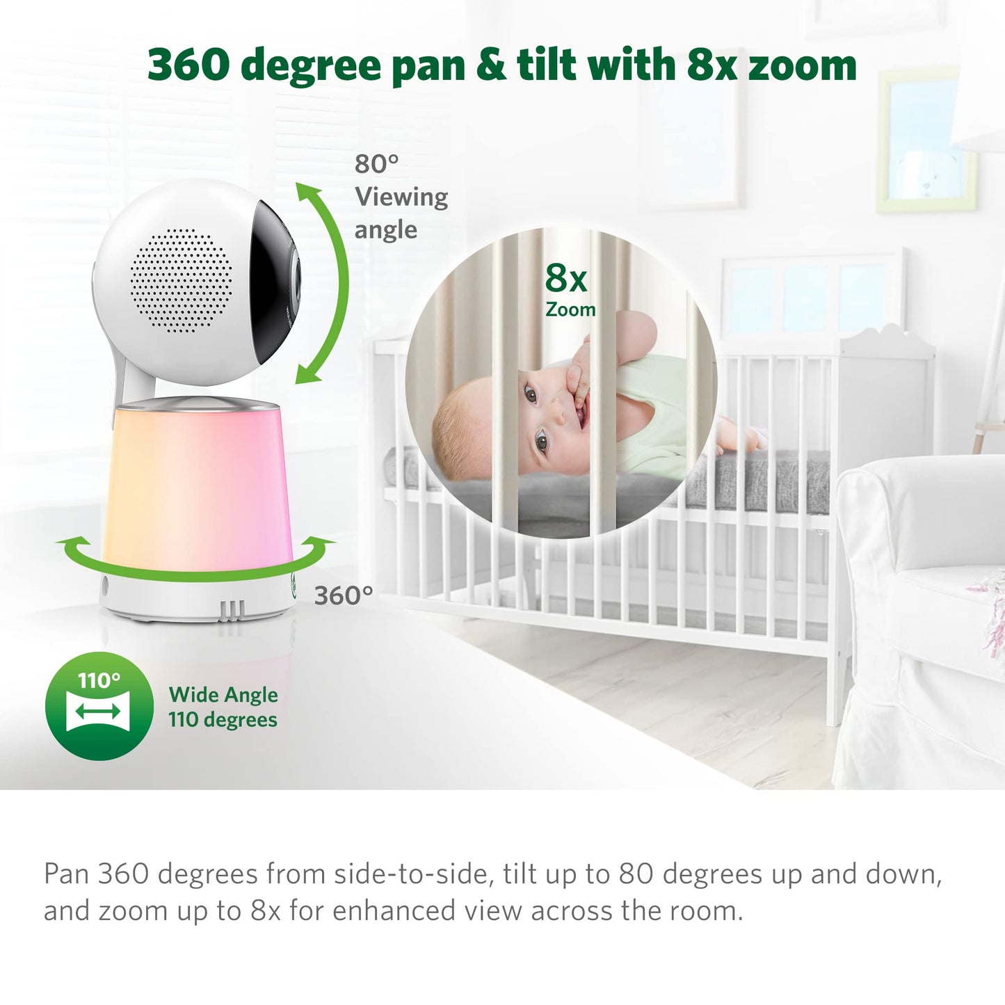 Leapfrog Lf1726Fhd Baby Monitor, 5.5' 1080P Screen, Up To 2500 Ft Range, Pan-Tilt-Zoom, Night Light, Color Night Vision, Soothin
