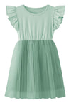 Lyxiof Girls Tutu Dress Casual Tulle Summer Solid Color Ruffle Sleeve Dress Green 120Cm