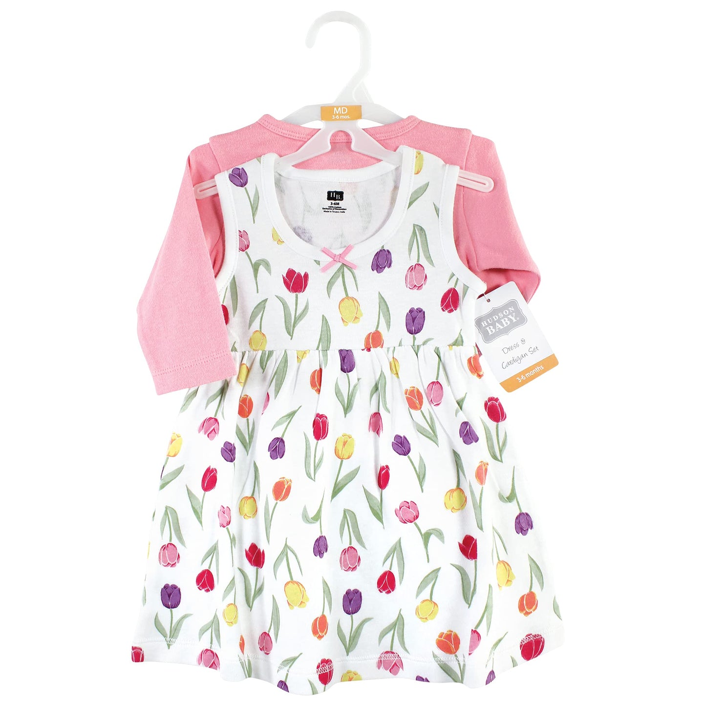 Hudson Baby Baby Girls Cotton And Cardigan Set Casual Dress, Spring Tulips, 3T Us