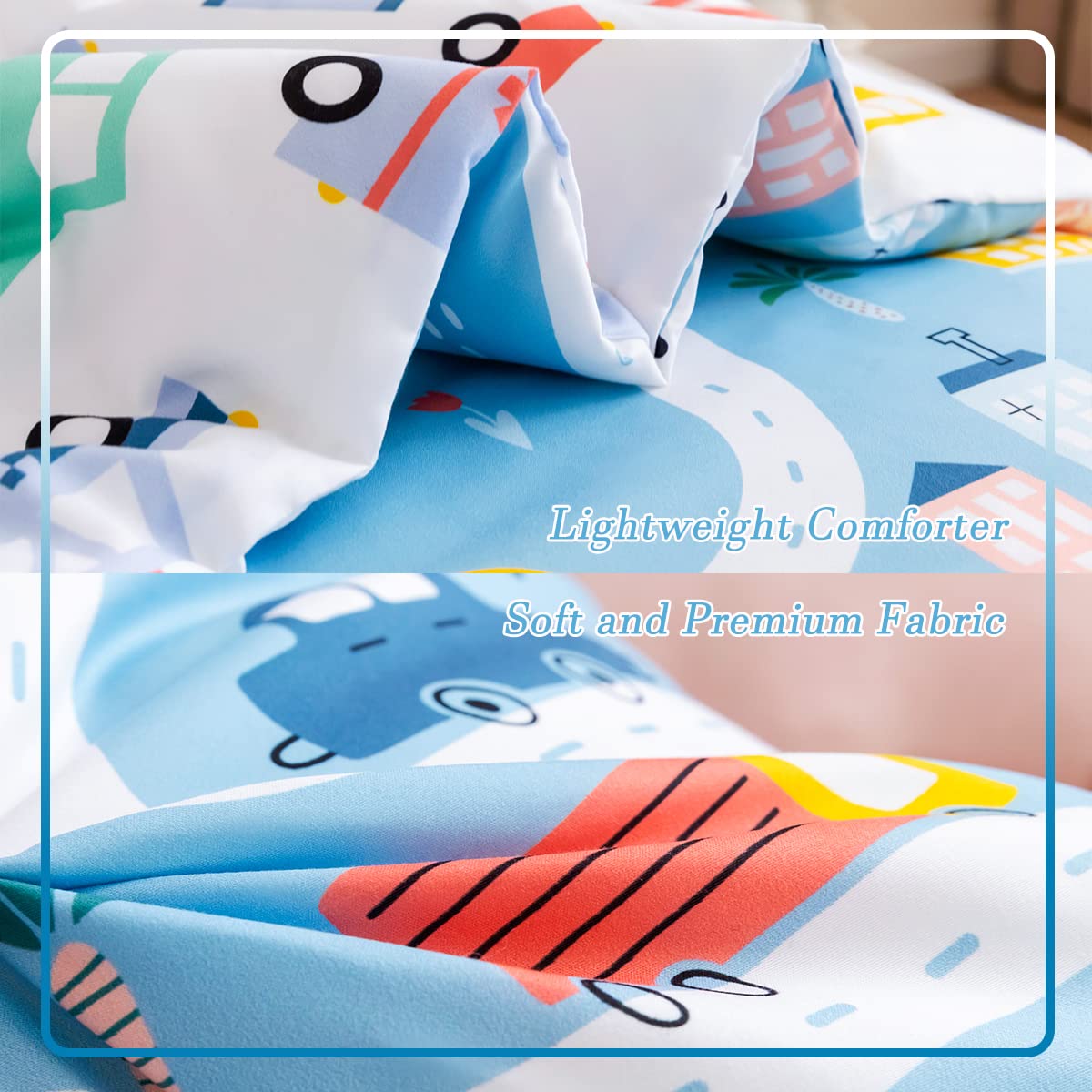 Perfemet 4-Piece Toddler Bedding Set Boys Cars Toddler Comforter With Sheets Reversible Lightweight Blue Vehicles Toddler Bed Se