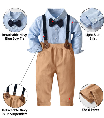 Baby Boys Clothes, Long Sleeves Dress Shirt And Suspender Khaki Pants Set Tuxedo Gentlemen Outfit With Bow Tie For Newborn Toddl