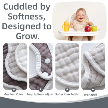 Mukin Baby Muslin Bibs And Burp Cloths, 6 Pack, Soft Absorbent Cotton, Adjustable (Gradient Grey)