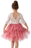 2Bunnies Girl Peony Lace Back A-Line Tiered Tutu Tulle Flower Girl Dress (Dusty Rose Bell Sleeve, 5)