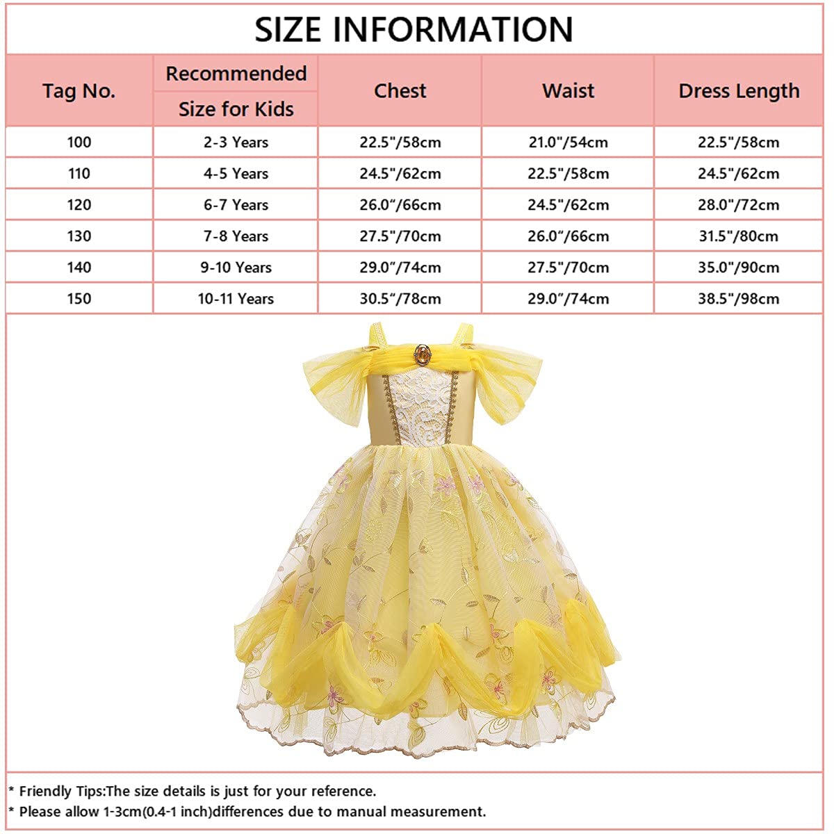 Fmyfwy Girls Belle Princess Fancy Dress Beauty And Beast Outfits Halloween Christmas Wedding Birthday Lace Gown,Yellow 012,6-7T