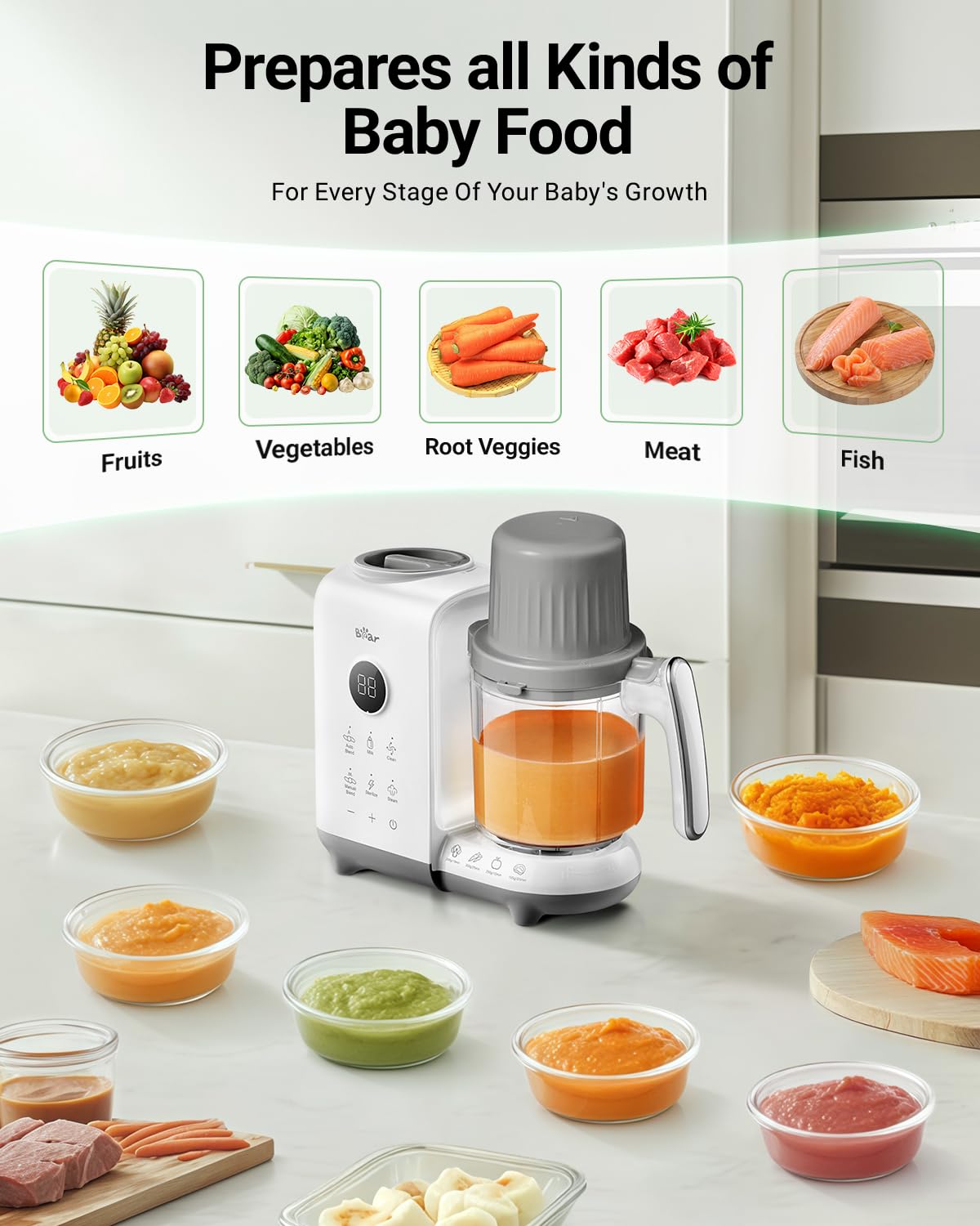 Bear Baby Food Maker with Two Layer Steam Baskets, One Step Baby Food Processor Steamer Puree Blender, Baby Food Mill with Bottl