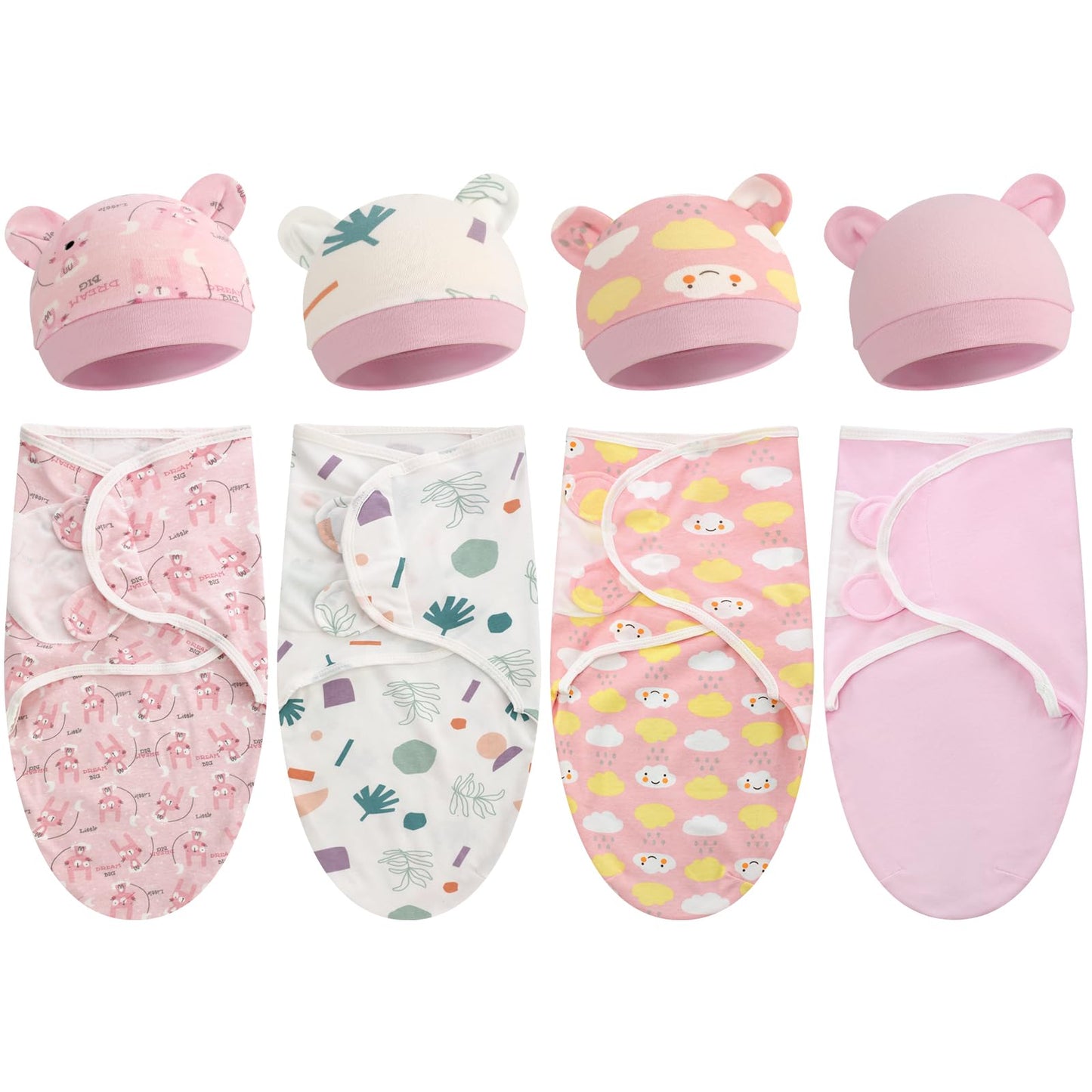 Buryeah 4 Pack Preemie Swaddle Blanket Wrap Set with Hat for Baby Boys Girls 3-7 Lbs Preemie Newborn Clothes Sleepers Cap(Pink,B