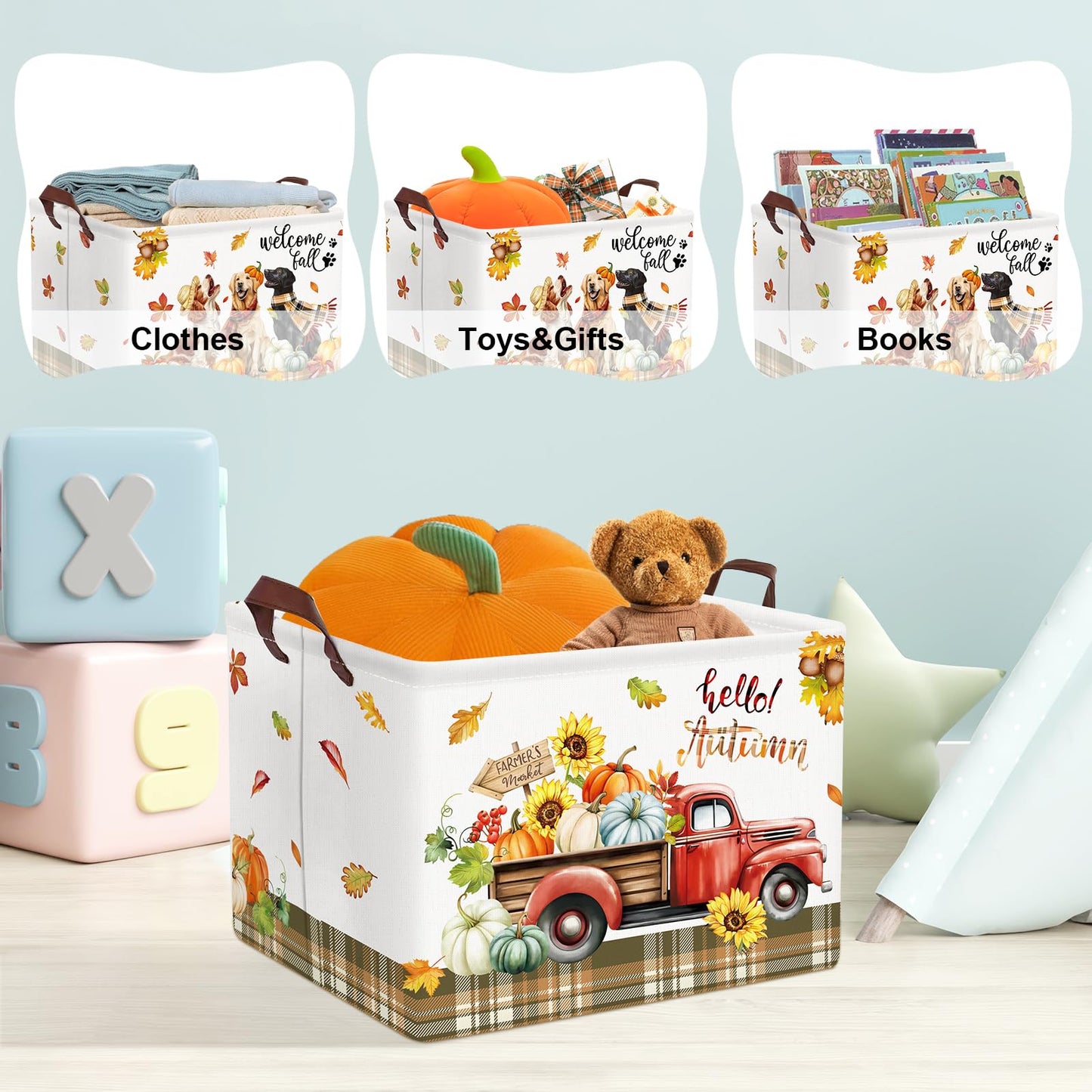 Clastyle Thanksgiving Autumn Harvest Dogs Basket Pickup Truck Sunflower Pumpkin Fall Gift Basket Large Brown Buffalo Plaid Stora