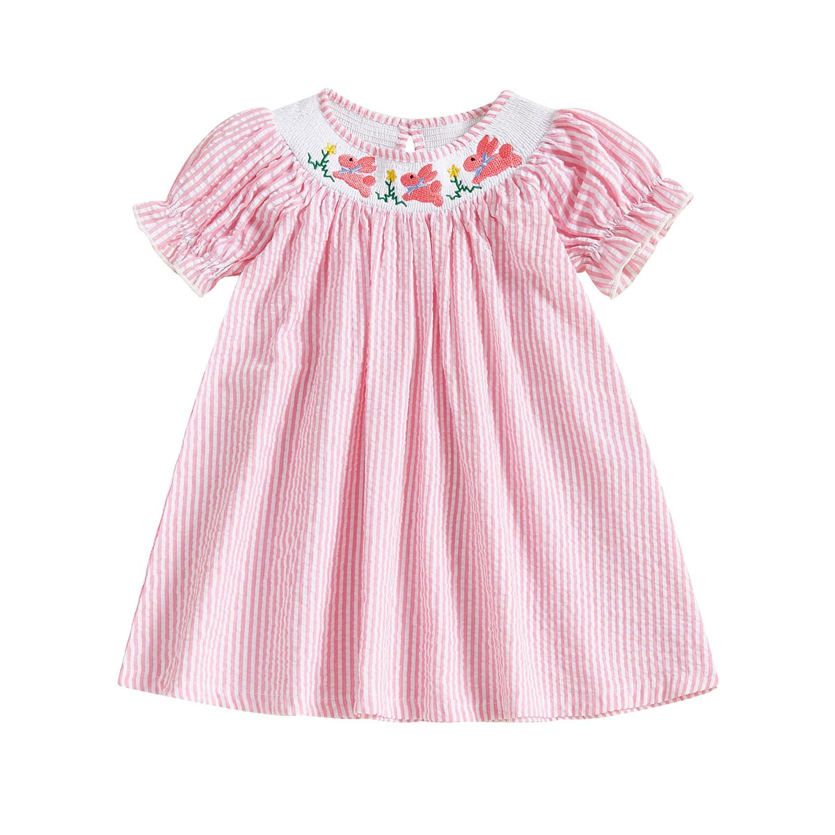 Aopwsrlyi Toddler Baby Girl Easter Outfit Cute Bunny Embroidery Smocked Bubble Romper Dress Puff Short Sleeves Bodysuit, Pink Dr