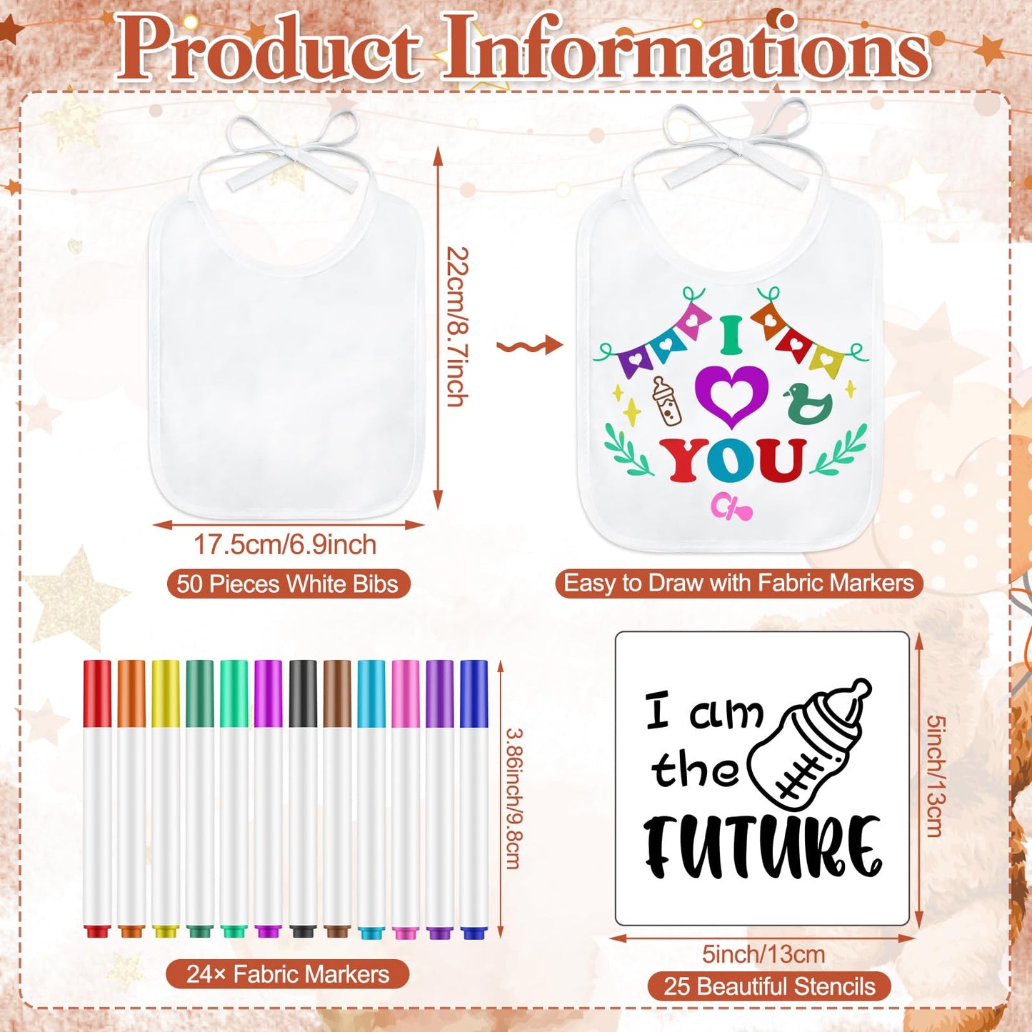 Panitay 100 Pcs Diy Baby Bibs Decorating Kit 50 White Bibs 25 Stencils 24 Fabric Markers 1 Baby Shower Game Sign(Brown Bear)