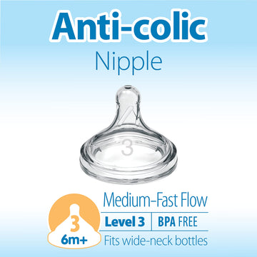 Dr. Brown'S Natural Flow Level 3 Wide-Neck Baby Bottle Silicone Nipple, Medium-Fast Flow, 6M+. 100% Silicone Bottle Nipple, 6 Co