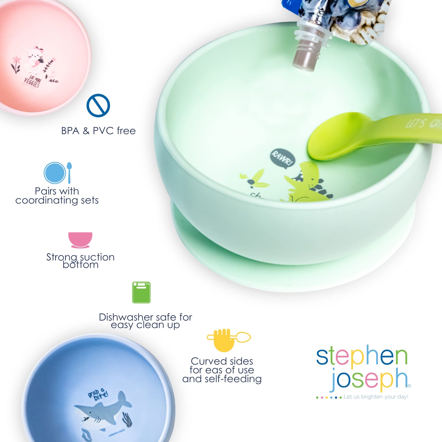 Stephen Joseph, Silicone Baby Bowls, Suction Bowl, Stay Put Suction Bowl, First Stage Self Feeding, Elephant
