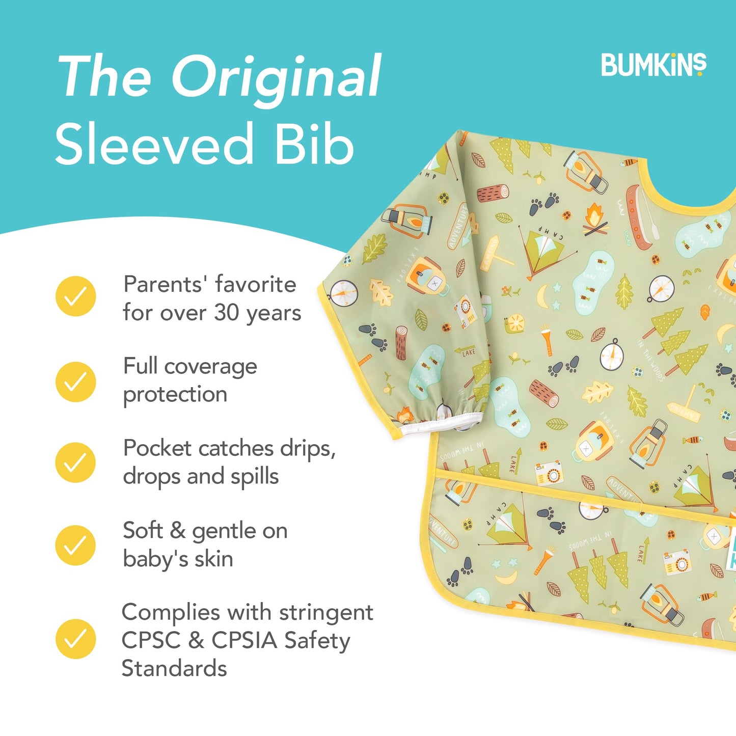 Bumkins Sleeved Bib For Girl Or Boy, Baby And Toddler For 6-24 Mos, Essential Must Have For Eating, Feeding, Baby Led Weaning, L