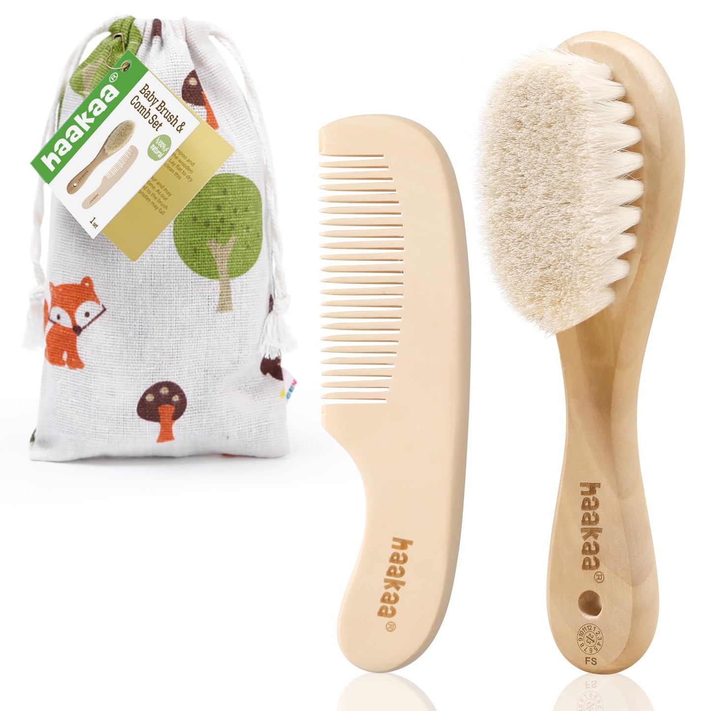 Haakaa Baby Hair Brush And Comb Set For Newborns & Toddlers - Natural Soft Goat Bristles And Wooden Handle, Gently Grooms Baby'S
