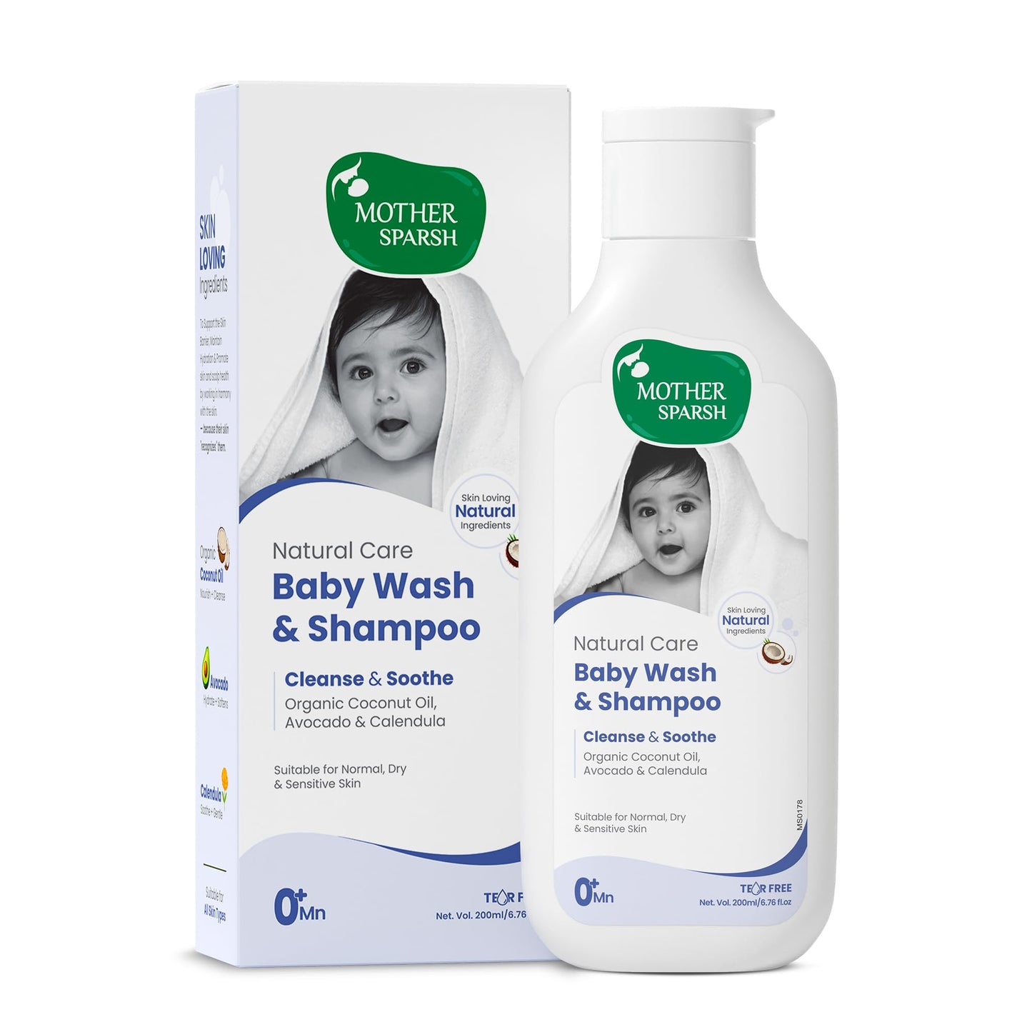 Mother Sparsh Natural Care Baby Wash & Shampoo-200Ml | Baby Head To Toe Wash | Tear Free Formula With Organic Coconut Oil, Calen
