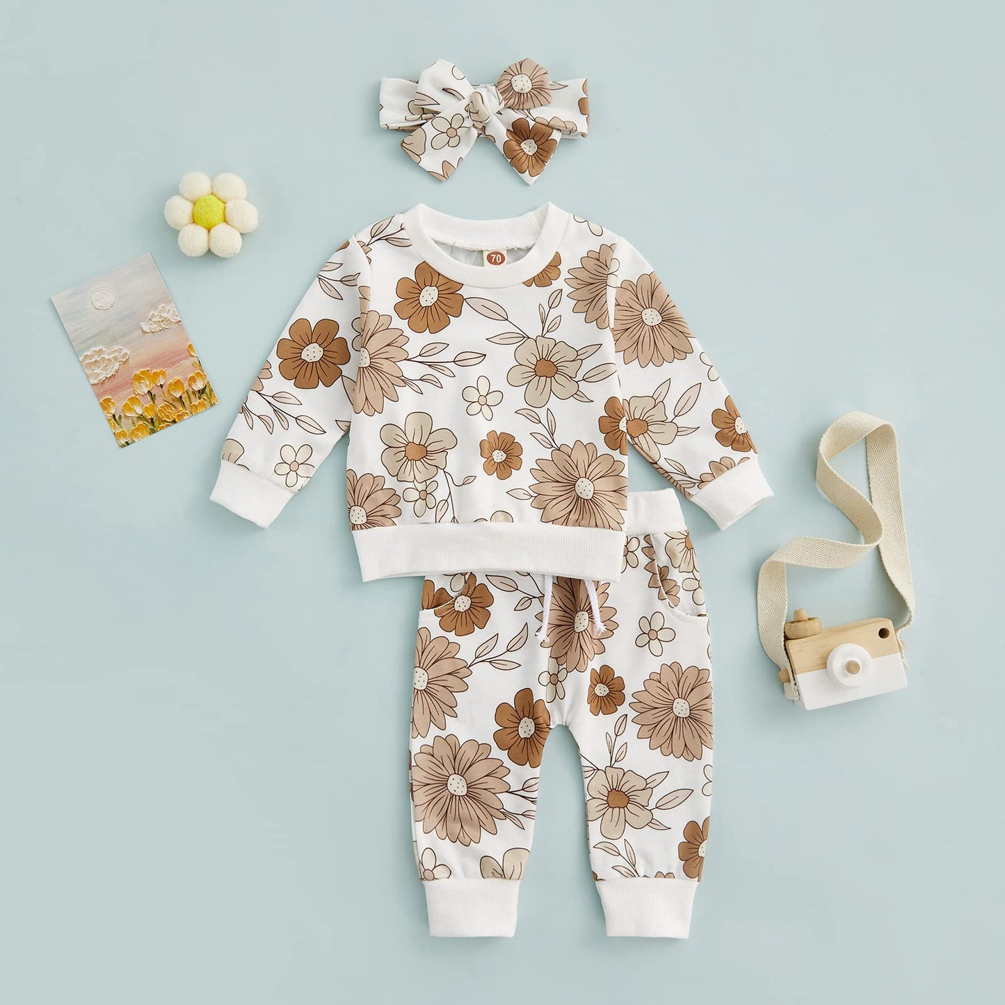 3Pcs Baby Girl Outfits Floral Sweatshirt + Pants + Headband Infant Fall Winter Clothes White 0-6 Months