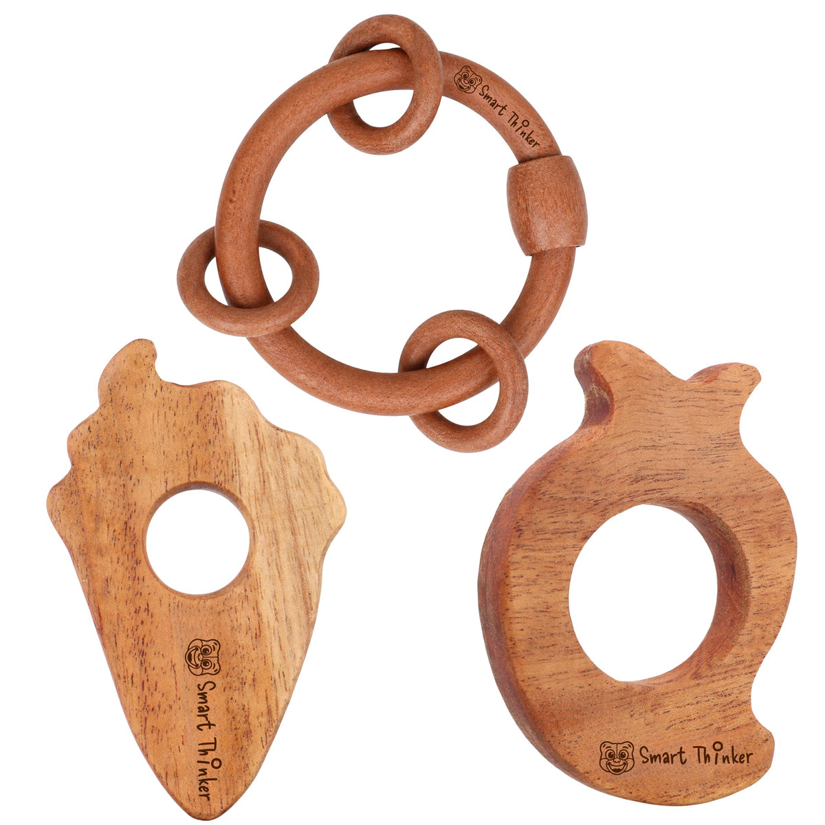 SMARTTHINKER Neem Wood Baby Teether and Rattle Combo Set | 2 Neem Teethers with 1 Baby Rattle | Natural Teething Toys for Newbor