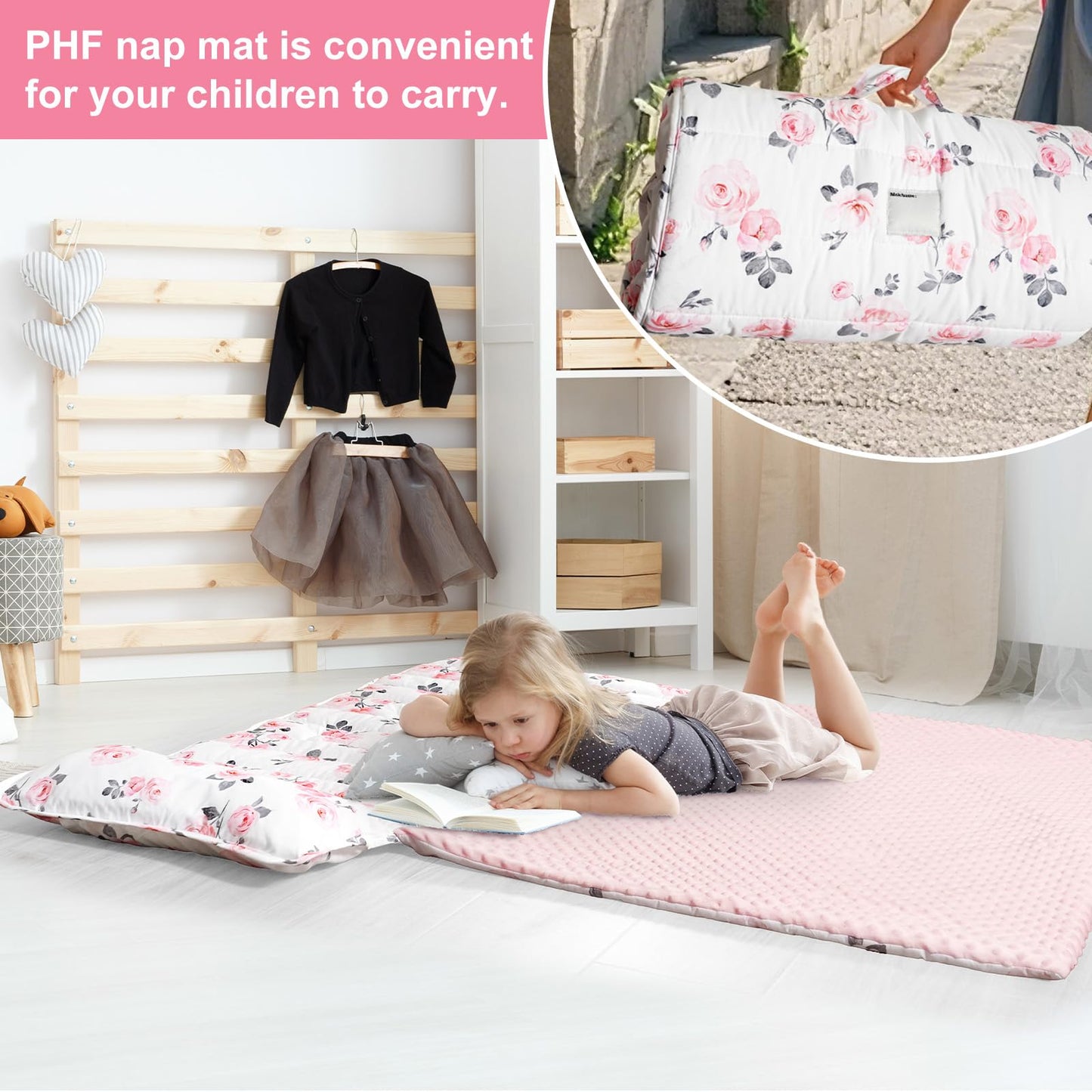 Phf Toddler Nap Mat With Removable Pillow And Minky Fleece Blanket, Rollup Design Warm Slumber Bags For Girls, 50 'X20 'X2 '