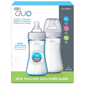 Chicco Duo 9Oz. Hybrid Baby Bottle With Invinci-Glass Inside/Plastic Outside With Slow Flow Anti-Colic Nipple - Clear/Grey, Coun