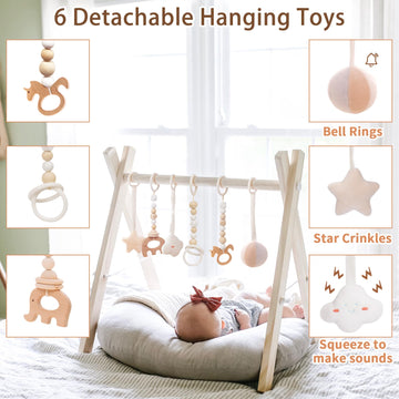 Wooden Baby Gym With 6 Gym Toys, Foldable Baby Play Gym, Natural Pine Wood Play Gym, Frame Activity Center Hanging Bar, Wooden P