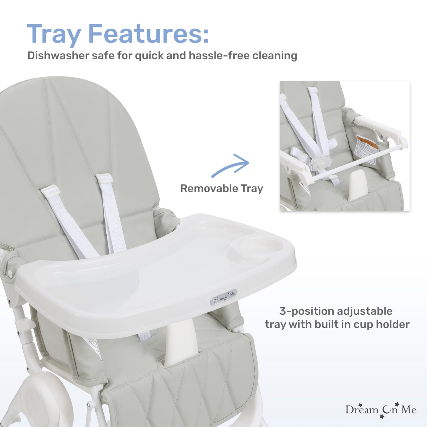 Dream On Me Snack And Stow Baby High Chair In Koala Gray, Easy To Fold And Store Travel High Chair, Removable And Three Position