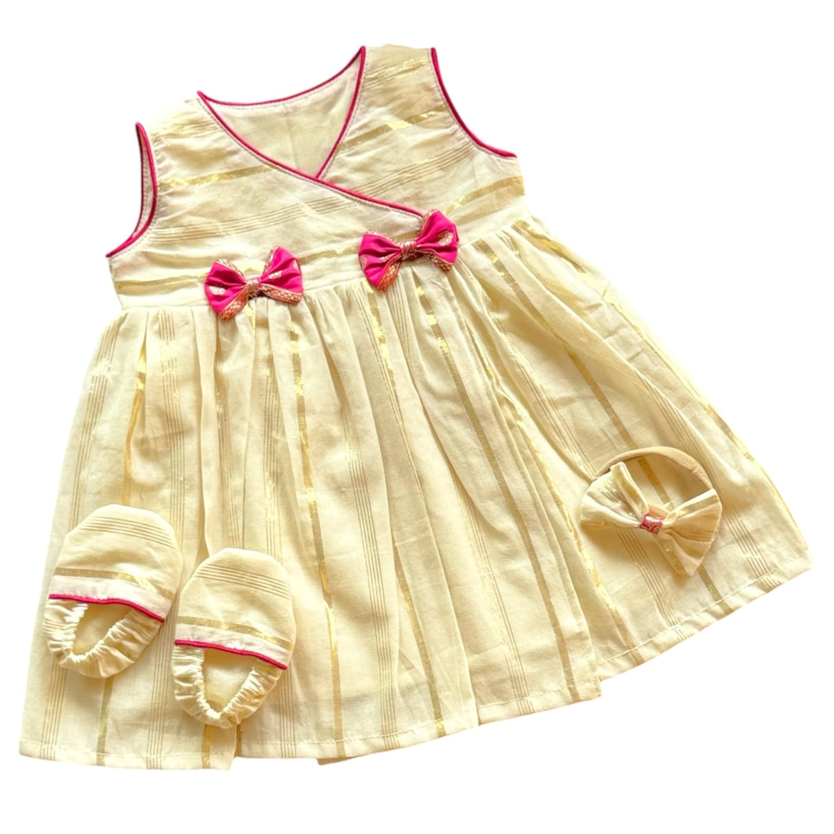 Picksparrow Baby Girl Traditional Wrap Dress with Snap Button, Bow Detailing, Headband and Booties Set, Off White, Sleeveless (i