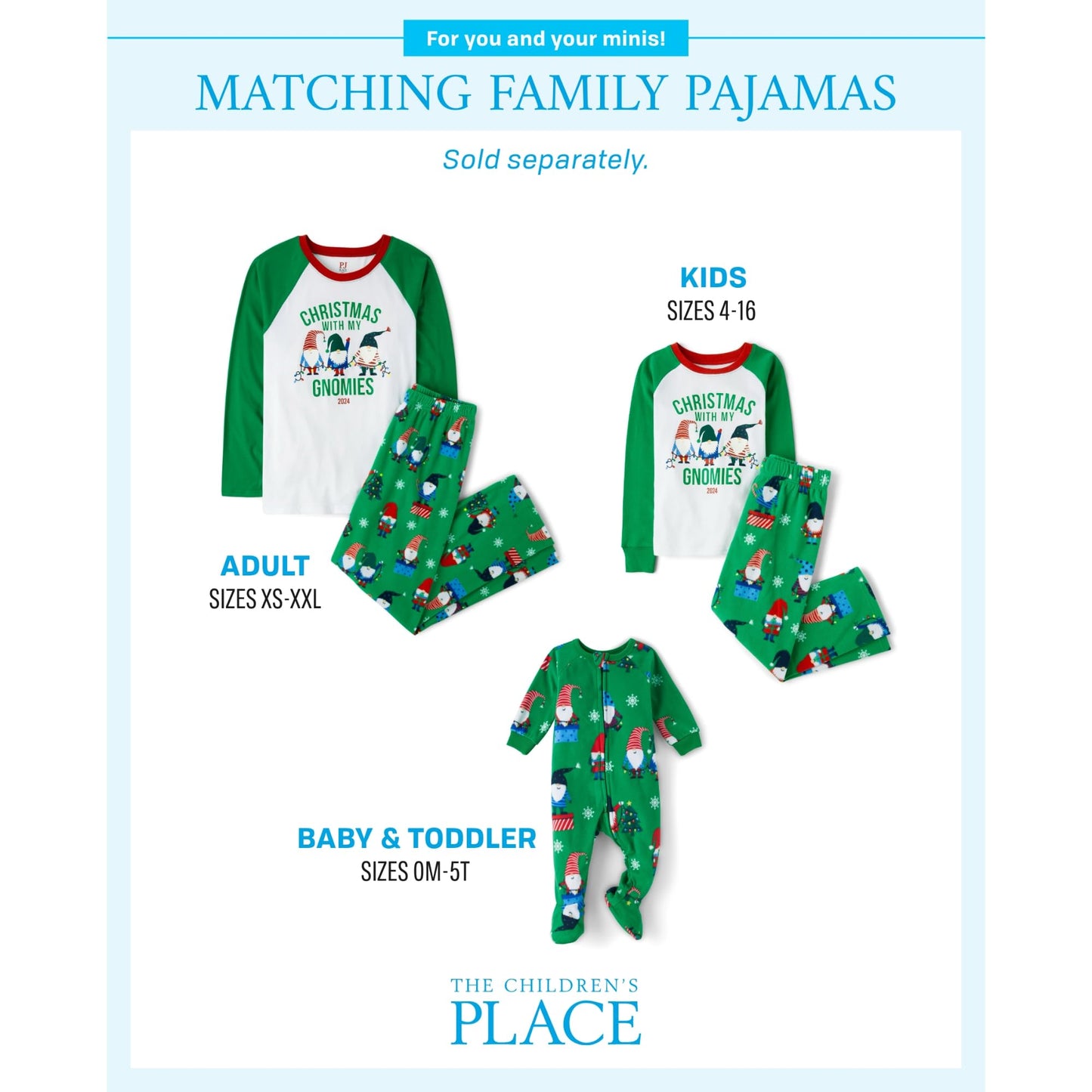 The Children'S Place Baby Toddler One Piece Family Matching, Holiday Pajama Sets, Fleece, Green Christmas With My Gnomies