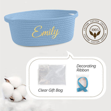Hutario Personalized Woven Basket Embroidered Name With Gift Bags And Ribbons,Empty Small Rope Basket,Durable Storage Custom Blu