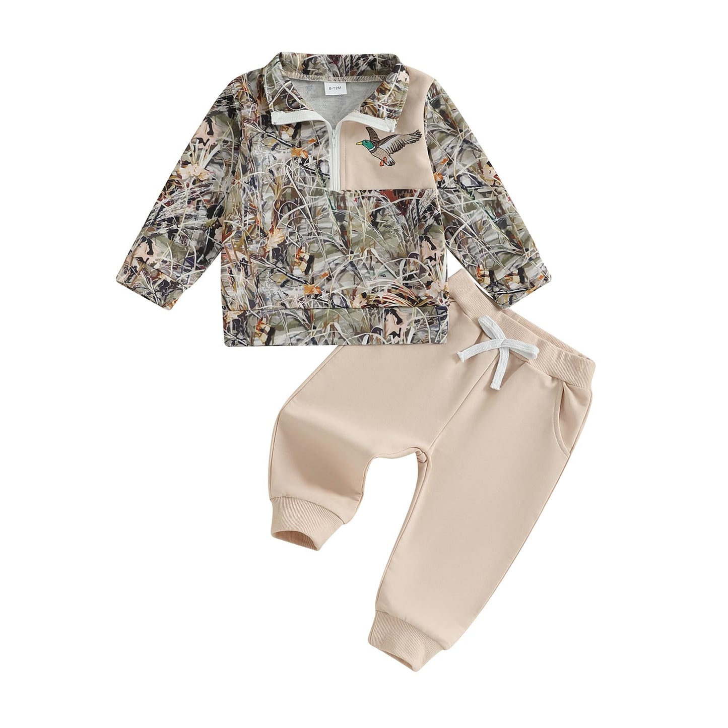 BULINGNA Toddler Baby Boy Hunting Outfit Mallard Duck Camouflage Half Zipper Sweatshirt Solid Pants Set Spring Fall Clothes (Arm