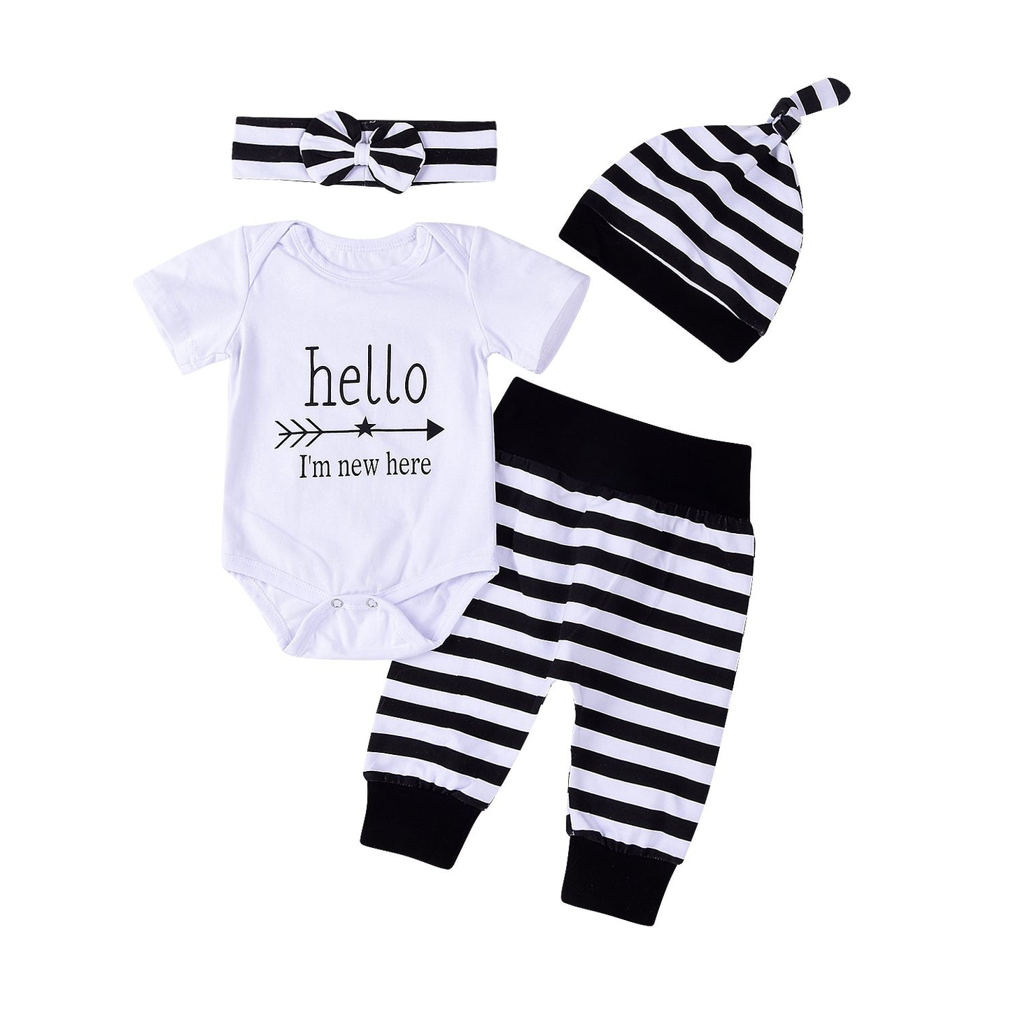 Newborn 4pcs Set Outfit Striped Hoodie with Romper Jumpsuit+ Striped Long Pants and Hat (80(3-6M), White)