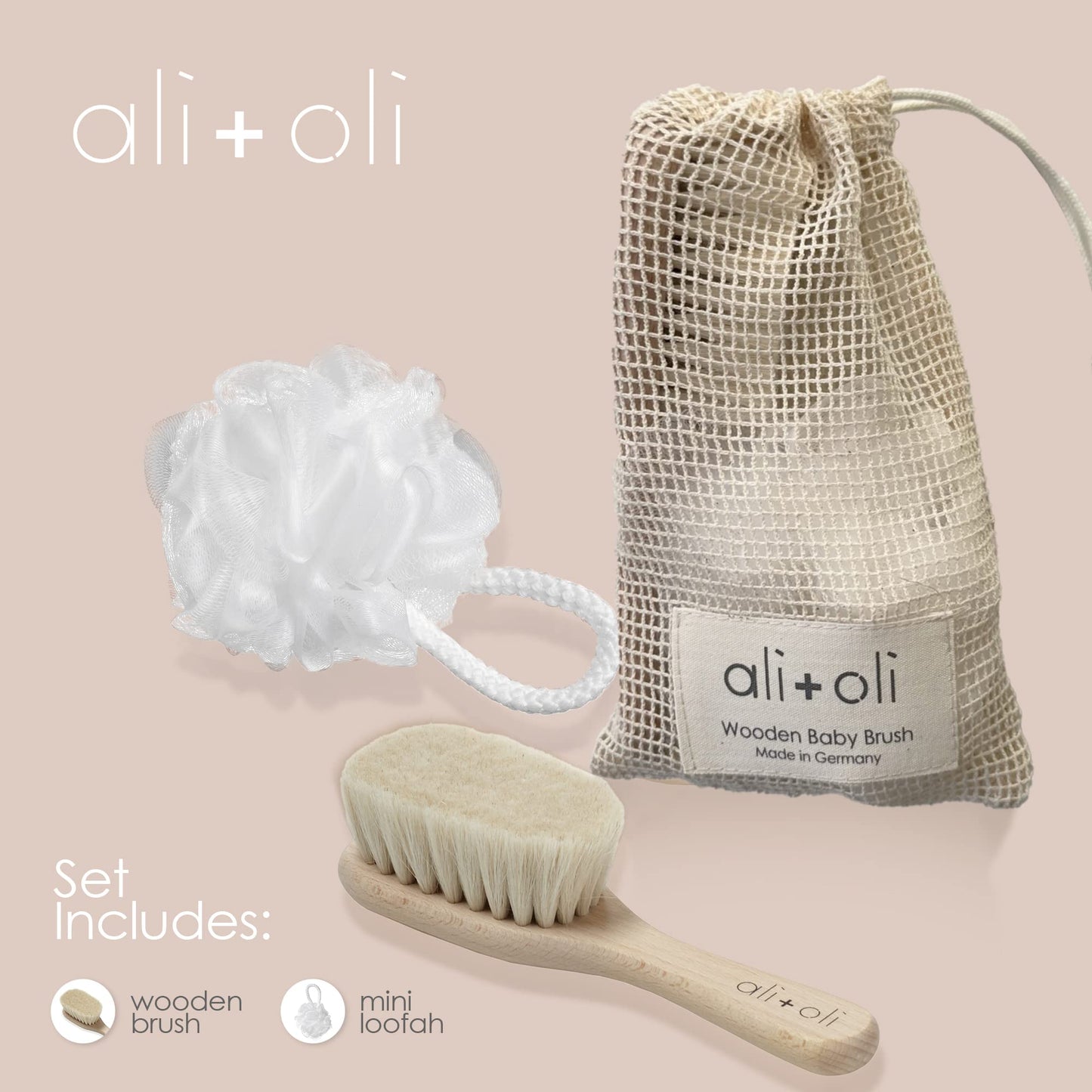 Ali+Oli Newborn Wooden Hair Brush- Baby Brush Set For Newborns- Baby Hair Brush With Mini Loofah- Infant Hair Brush, Cradle Cap,