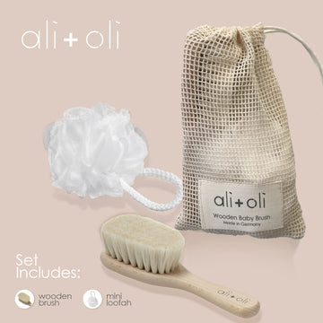 Ali+Oli Newborn Wooden Hair Brush- Baby Brush Set For Newborns- Baby Hair Brush With Mini Loofah- Infant Hair Brush, Cradle Cap,