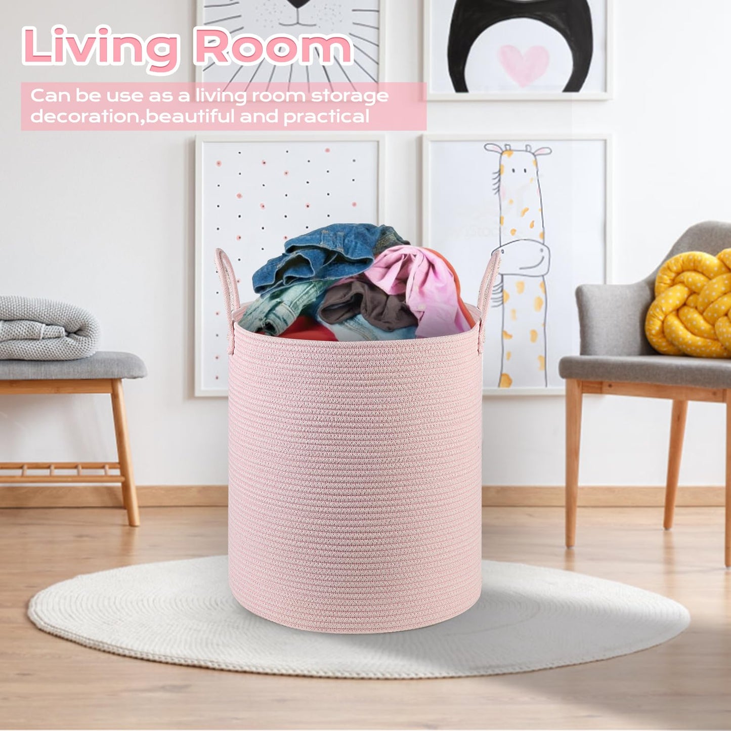 Hobasket Cotton Rope Laundry Basket Hamper For Girls Kids Baby Nursery Hamper Bin Woven Blanket Basket For Living Room Cute Baby