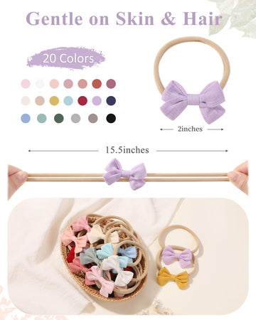 Jollybows 20Pcs Baby Girl Bow Headbands Newborn Nylon Hairband 2' Neutral Linen Infant Hair Bows