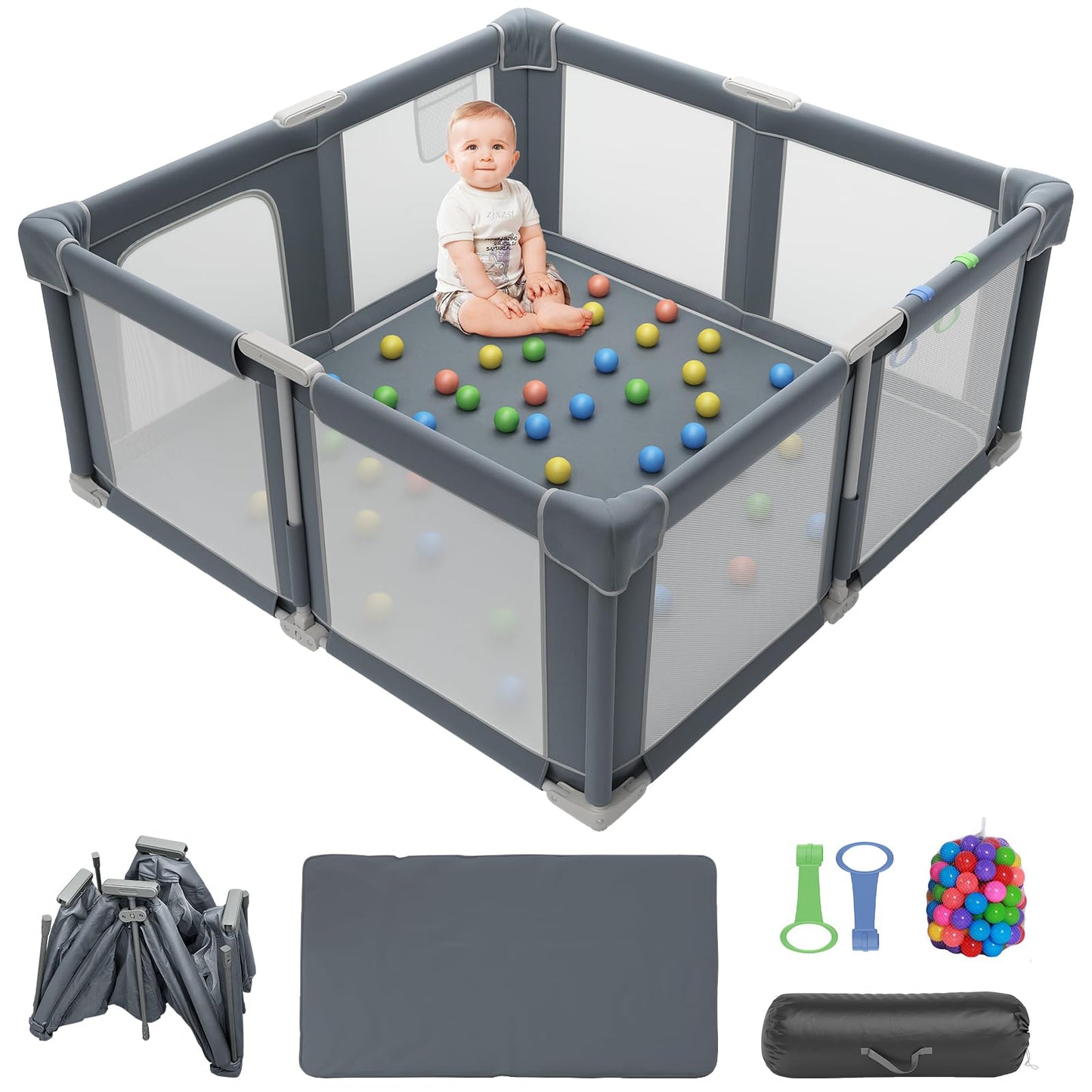 Seeday Foldable Playpen for Babies and Toddlers, 51 Portable Play Pen with Mat and Ocean Balls, Play Yard with with Visible Mesh