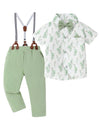 Toddler Baby Boy Clothes Suit Printed Shirt Aqua Green Suspender Pant Formal Outfit 18 Months 24 Months 18-24
