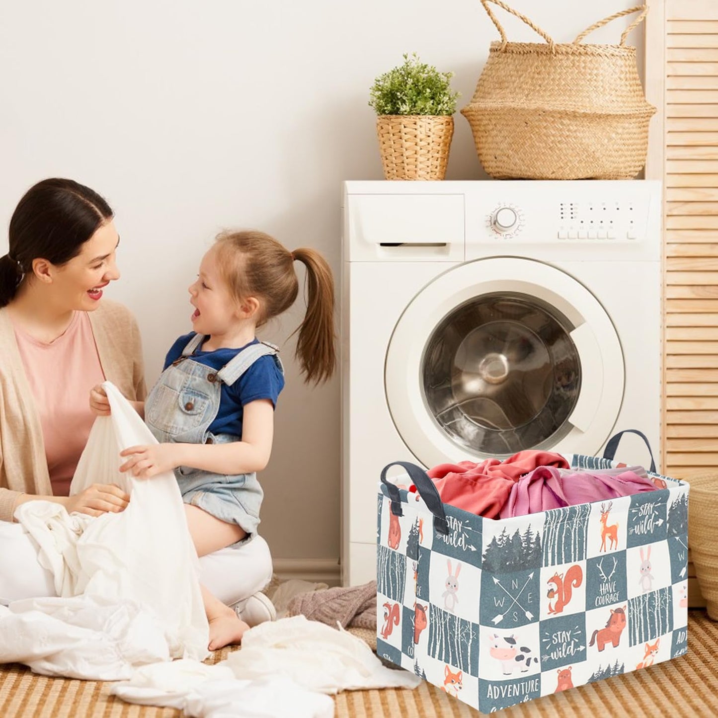 Fxolcshe Rectangular Baby Storage Basket,Nordic Style Animal Basket,Waterproof Folding Laundry Basket,Nursery Hamper,Animal Stor