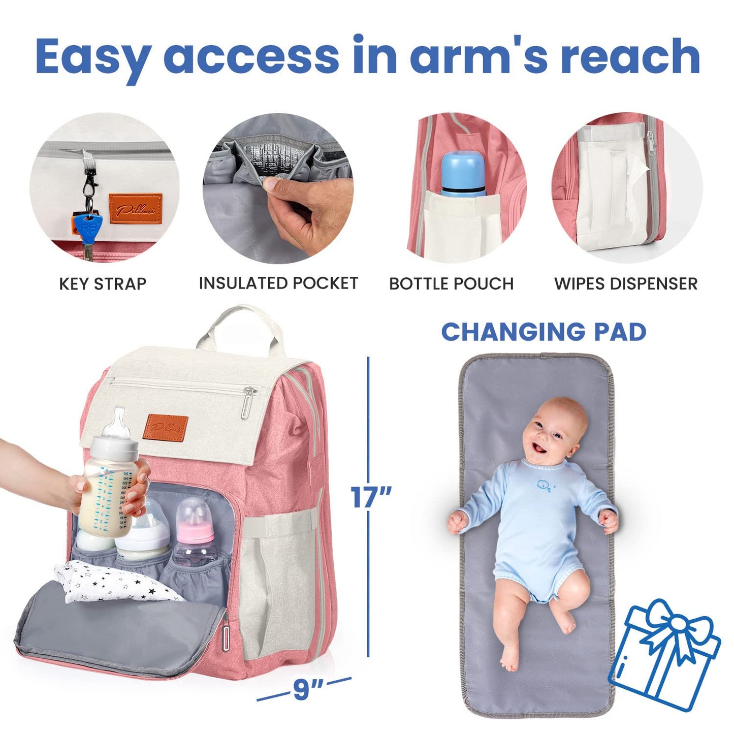 Pillani Baby Diaper Bag Backpack - Baby Girl Gifts - Baby Bag For Girls - Diaper Backpack - Large Diaper Bags For Baby W/Changin
