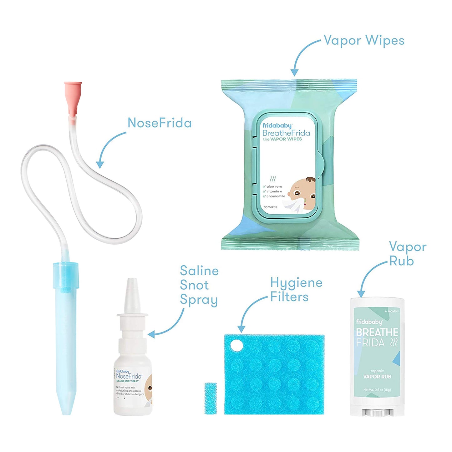 Frida Baby Cold And Flu Relief Bundle, Includes The Nosefrida Nasal Aspirator, Hygeine Filter, Saline Nasal Spray, Baby Vapor Ru