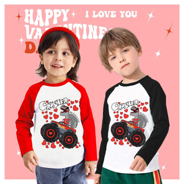 Tkria Kids Boy Valentine Day Shirt Dinosaur Monster Truck Long Sleeve Patchwork T-Shirt Holiday Kids Top Graphic T-Shirts 8T