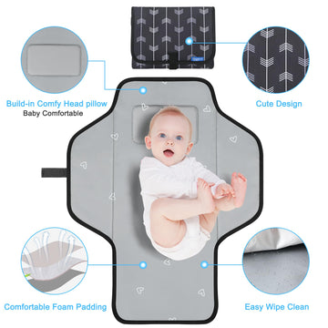 Baby Portable Changing Pad Travel - Waterproof Compact Diaper Changing Mat With Built-In Pillow - Lightweight & Foldable Changin