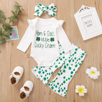 Shalofer Baby Girl Shamrock Outfit Newborn Girl Lucky Charm Bodysuit(Green-Flare Pants,0-3 Months)