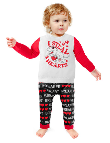 Dakeik Toddler Boy Valentines Day Outfit 2T-3T Boy Valentines Day Outfit Dinosaur Pattern I Steal Hearts Long Sleeve Cute Letter