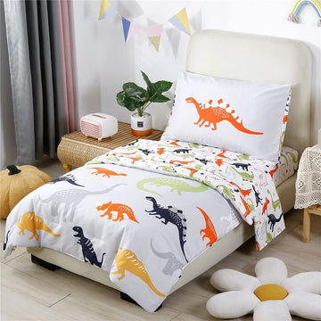 Urbonur 4-Piece Toddler Bedding Set - Ultra Soft Cartoon Jurassic Dinosaur Print Boys Toddler Comforter Set - Include Comforter,