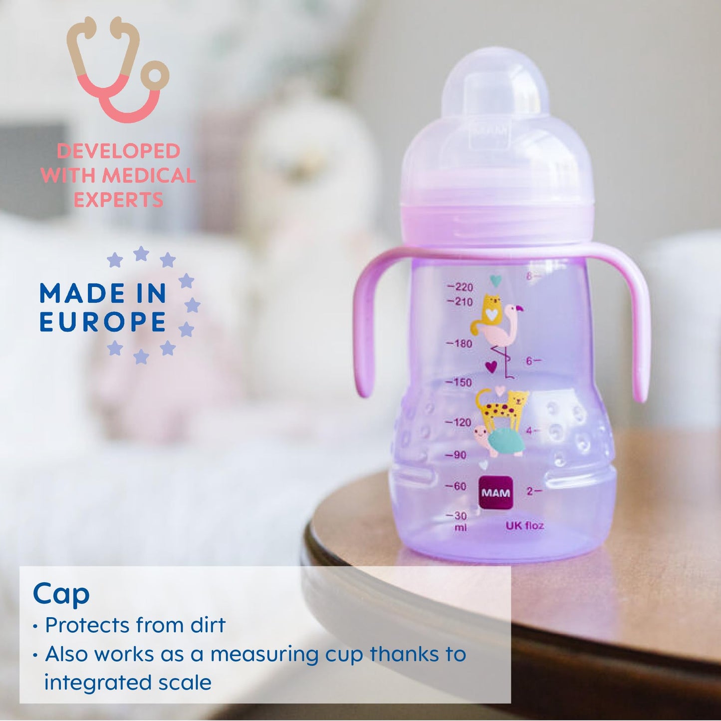 Mam Plastic Trainer Cup, Trainer Drinking Cup With Extra-Soft Spout, Spill-Free Nipple, And Non-Slip Handles, For Boys 4+ Months