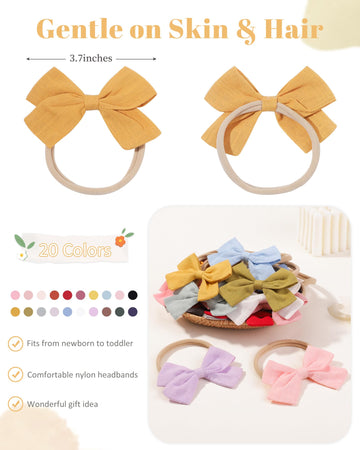 Jollybows 20Pcs Baby Girls Nylon Hair Bows Headbands Linen Hair Bands Elastic Hair Accessories For Kids Infants Newborn