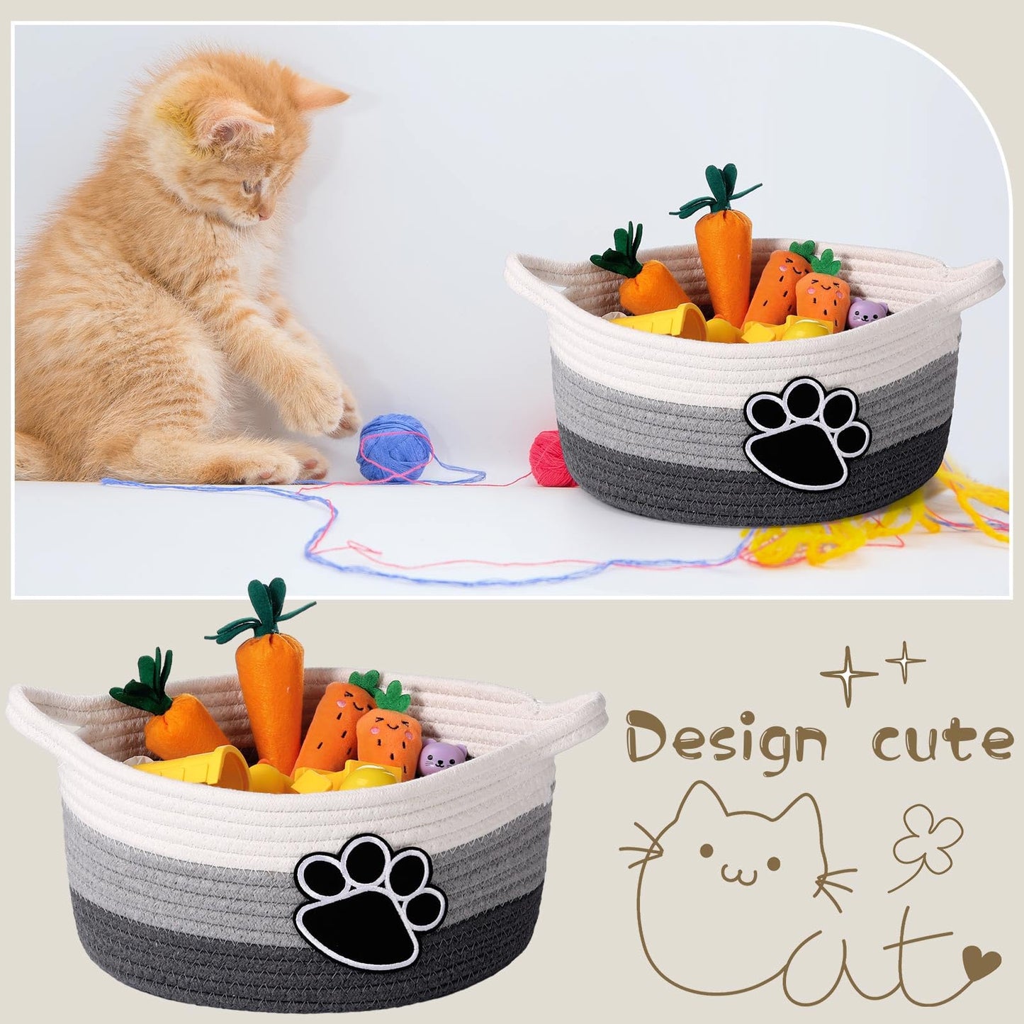 Perthlin Cute Dog Basket Cat Basket Storage With Handles Decorative Basket For Dog Toy Gift 11.8 X 11.81 X 5.91 Inch(Gray)