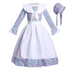 Vibsion Girls Prairie Pioneer Costume Pilgrim Dress Kids Floral Colonial Village Girl Costume Bonnet Apron Set Blue Xxl